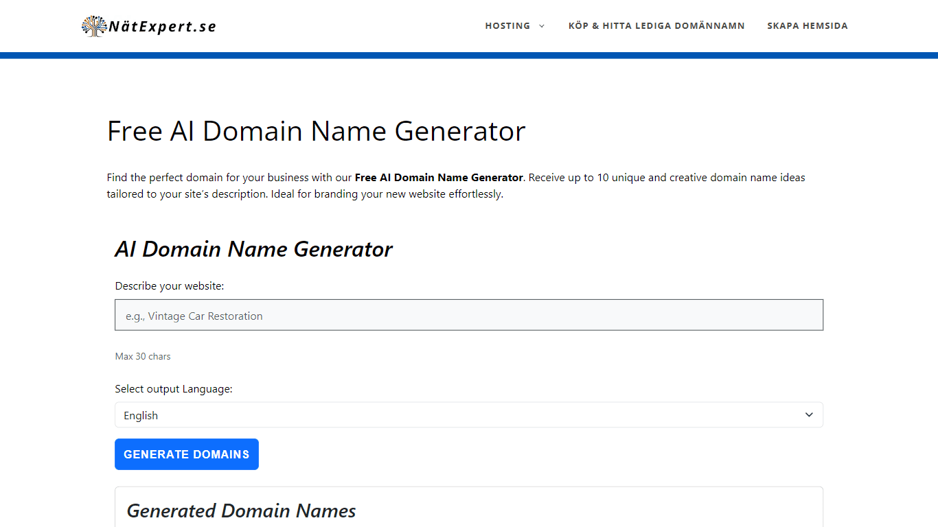 Free AI Domain Name Generator - nätexpert.se