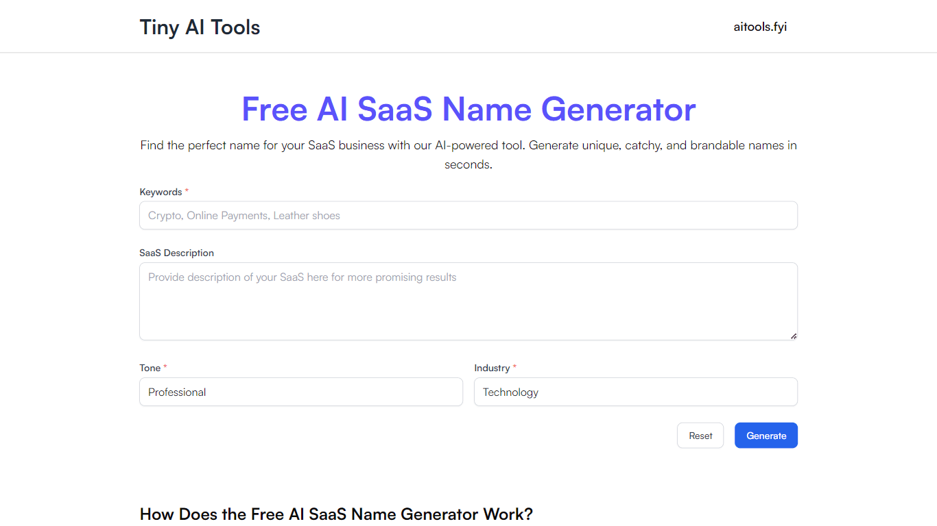 Free AI SaaS Name Generator - Tiny AI Tools